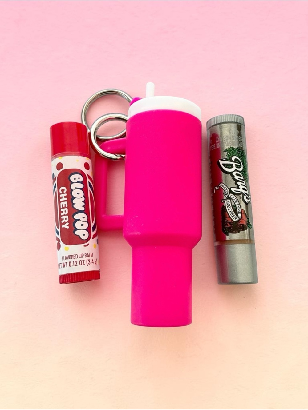 🆕 3D Tumbler Keychain with Barq’s Root Beer and Cherry Blow Pop Lip Balm